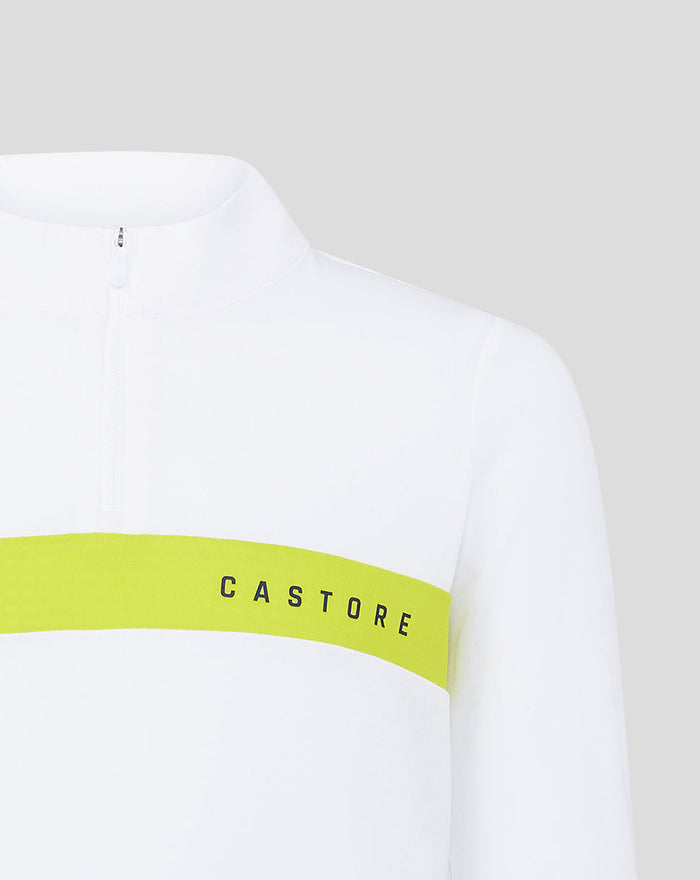 White Tech Life Colourblock 1/4 Zip top with neon yellow chest stripe and Castore branding