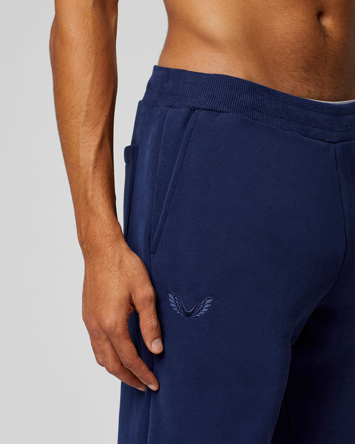 Close-up of navy Apex Sweatpants showing the embroidered Castore wings on the hip area