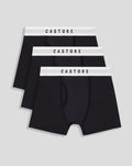 Three black Castore boxer shorts with white branded waistband arranged in a stacked display.