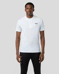 Front view of a model wearing a white BNS 1/4 Zip Top with concealed zip and chest logo.