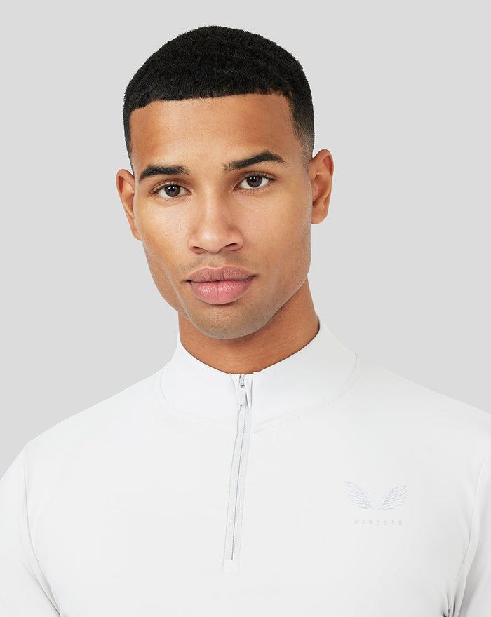 Close-up of the white Mist Metatek 1/4 Zip top showing a high neck zip and subtle chest logo