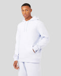 Ice blue men's embroidered logo hoodie with drawstring hood and kangaroo pocket worn by a model