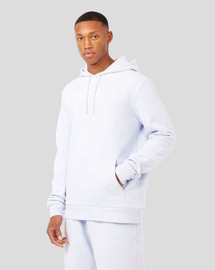 Ice blue men's embroidered logo hoodie with drawstring hood and kangaroo pocket worn by a model