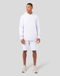 Male model wearing ice blue men's embroidered logo hoody with hood, kangaroo pocket and chest logo.