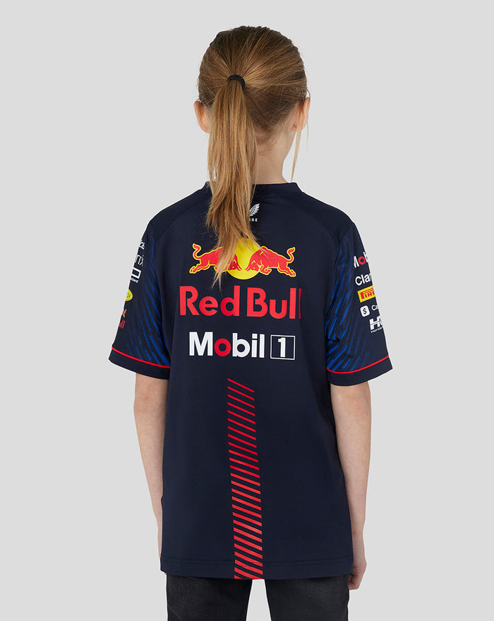 Back view of navy Set Up T Shirt on a girl, showing large Red Bull logo and red diagonal stripe