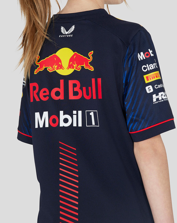 Back view of the navy night sky Set Up T shirt with large Red Bull logo and sponsor branding