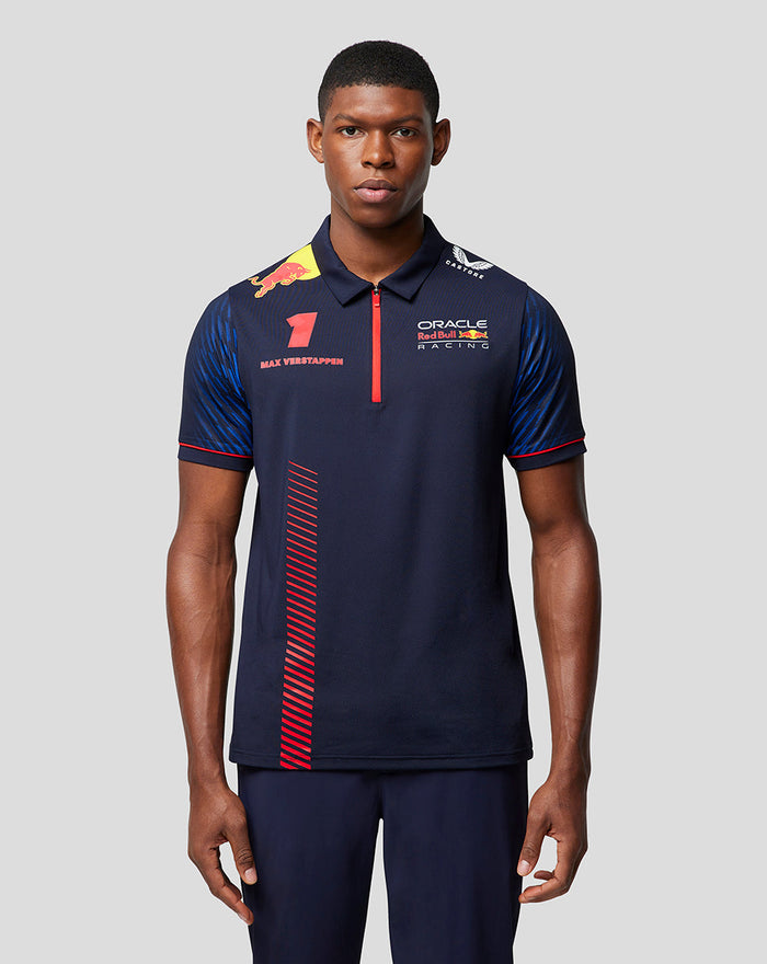 Oracle Red Bull Racing polo in night navy showing Max Verstappen name and number with sponsor logos