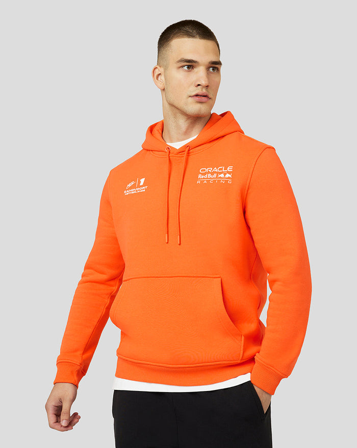 Bright orange hoodie with drawstrings and front pocket featuring Oracle Red Bull Racing logo on the chest