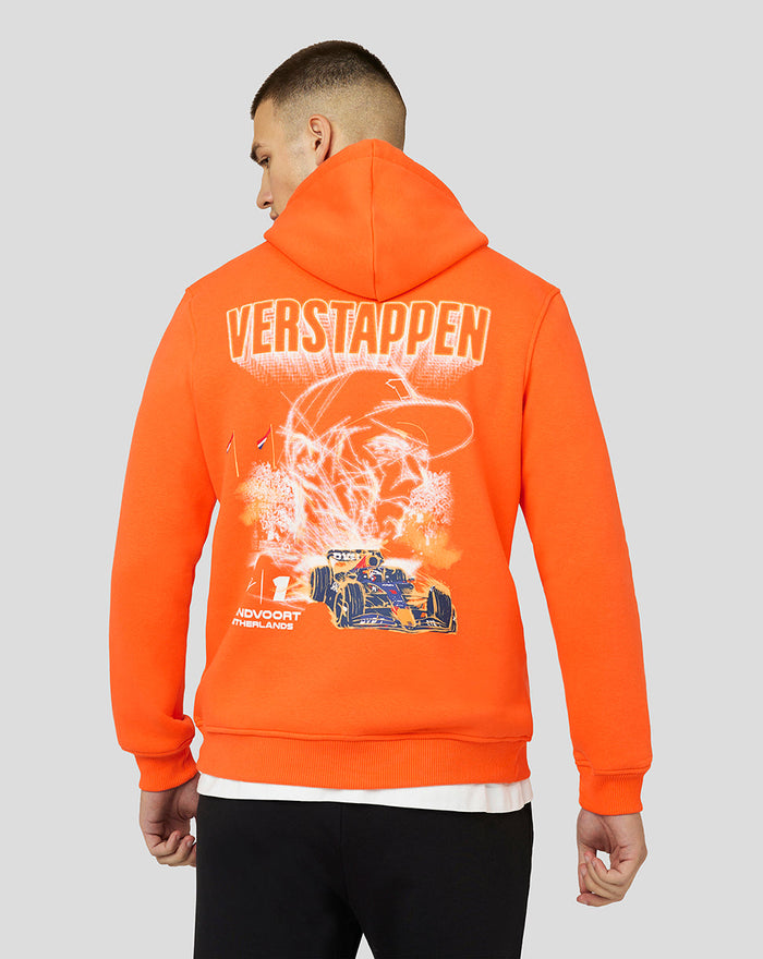 Back view of a bright orange Oracle Red Bull Racing hoodie with Verstappen graphic across the back
