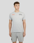 Front view of heather grey T-shirt with orange SPIELBERG graphic on the chest and Oracle Red Bull Racing logo.