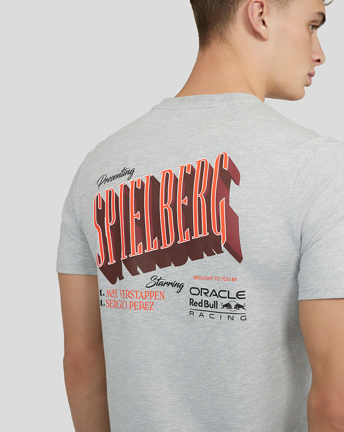 Back view of heather grey SPIELBERG T-shirt with large back print and Oracle Red Bull Racing logo on the lower back.